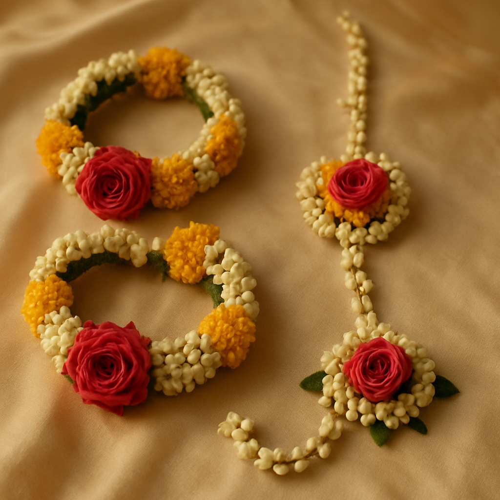 Fresh flower bridal jewellery including haath phool and tikka made from jasmine and roses