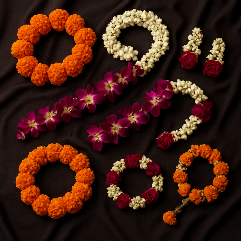 Indian wedding floral garlands and jewellery arranged beautifully