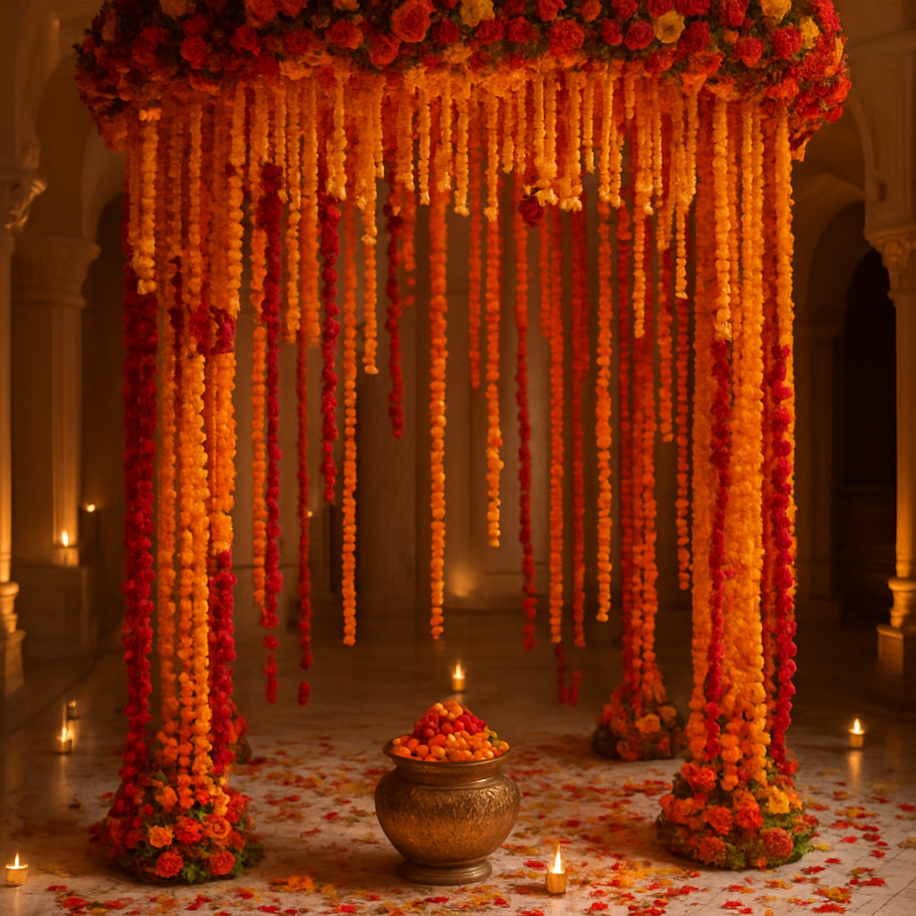 Indian wedding mandap decorated with cascading marigold and rose garlands