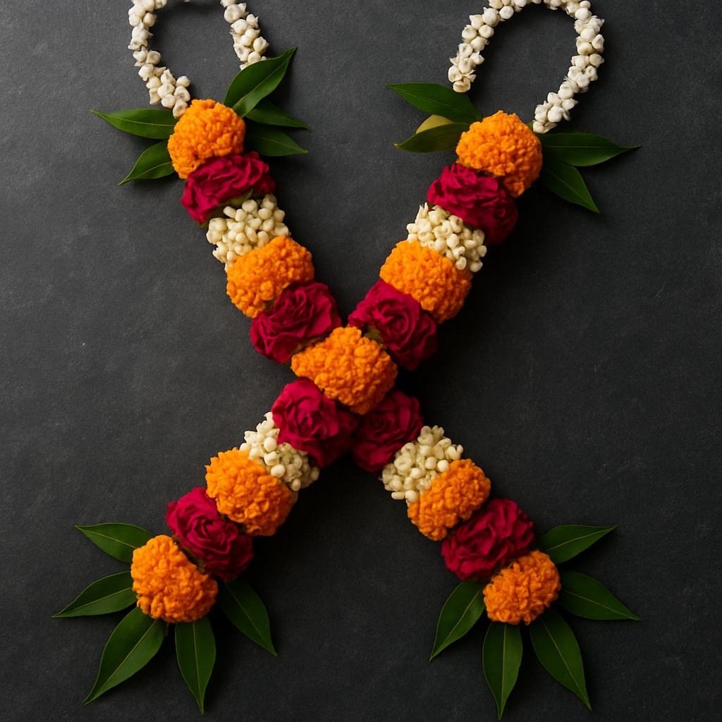 Two Indian wedding varmala garlands made from marigold, rose and jasmine with green mango leaves