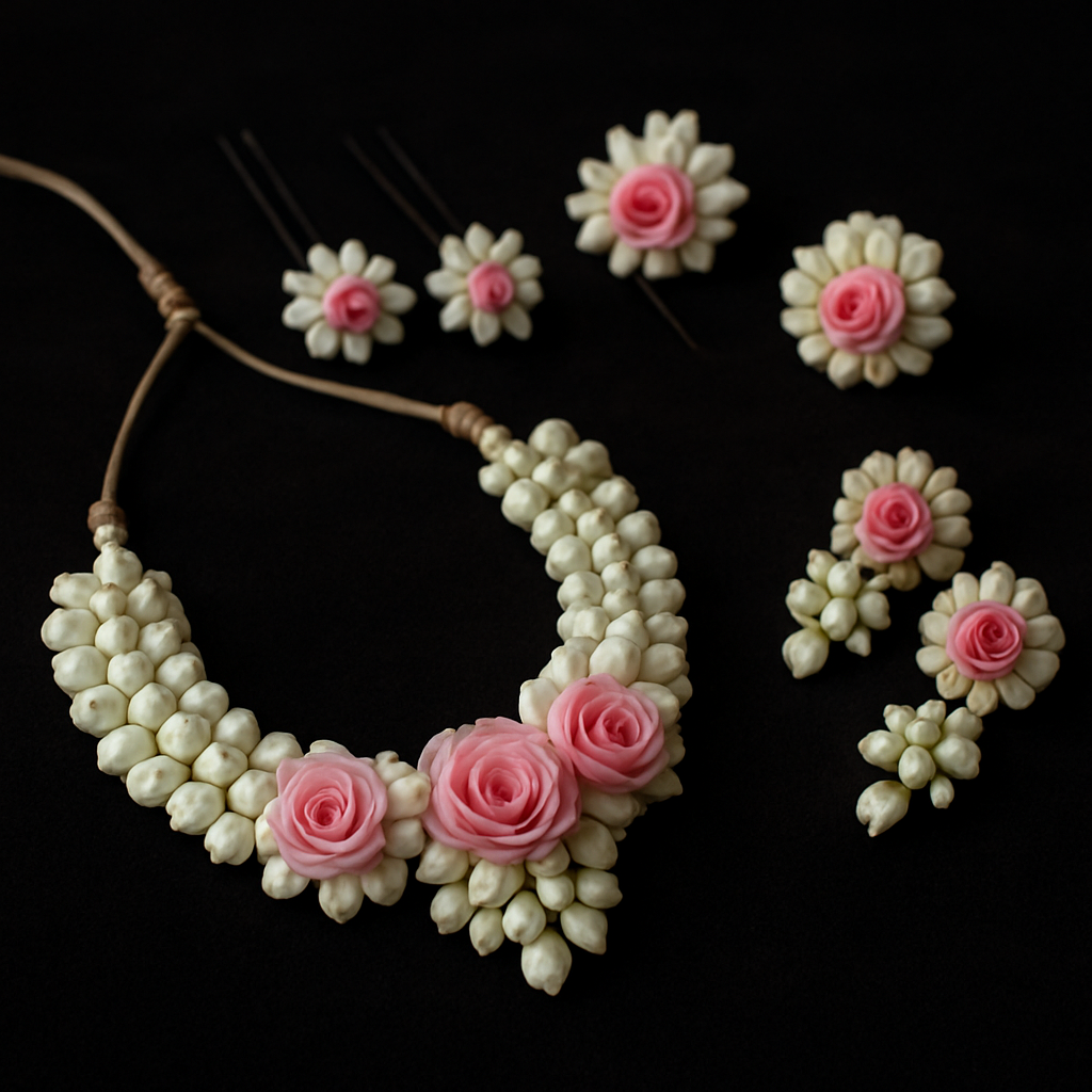 Fresh flower bridal jewellery set including necklace, earrings and hair accessories made from jasmine and roses